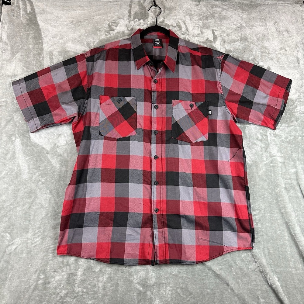 Ecko Unltd. Button Front Shirt Men's 2XB Red Gray Black Check Plaid Textured